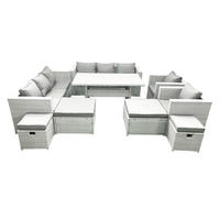 GARTENSET mit Esstisch,Sofa,4 Fußhocker,2 Stühle Polyrattan Hellgrau 12-Sitzer - Hellgrau/Grau, Glas/Kunststoff - Fimous