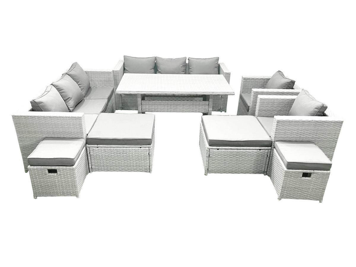 GARTENSET mit Esstisch,Sofa,4 Fußhocker,2 Stühle Polyrattan Hellgrau 12-Sitzer - Hellgrau/Grau, Glas/Kunststoff - Fimous