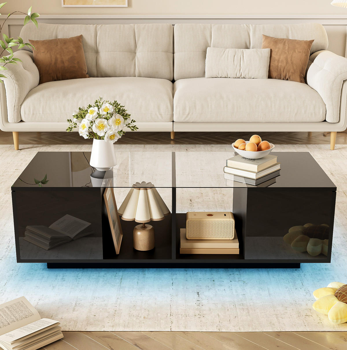 COUCHTISCH 120/50/38,5 cm schwarz mit LED-Beleuchtung und Glasplatte - Schwarz, Holzwerkstoff (120/50/38.5cm) - OKWISH