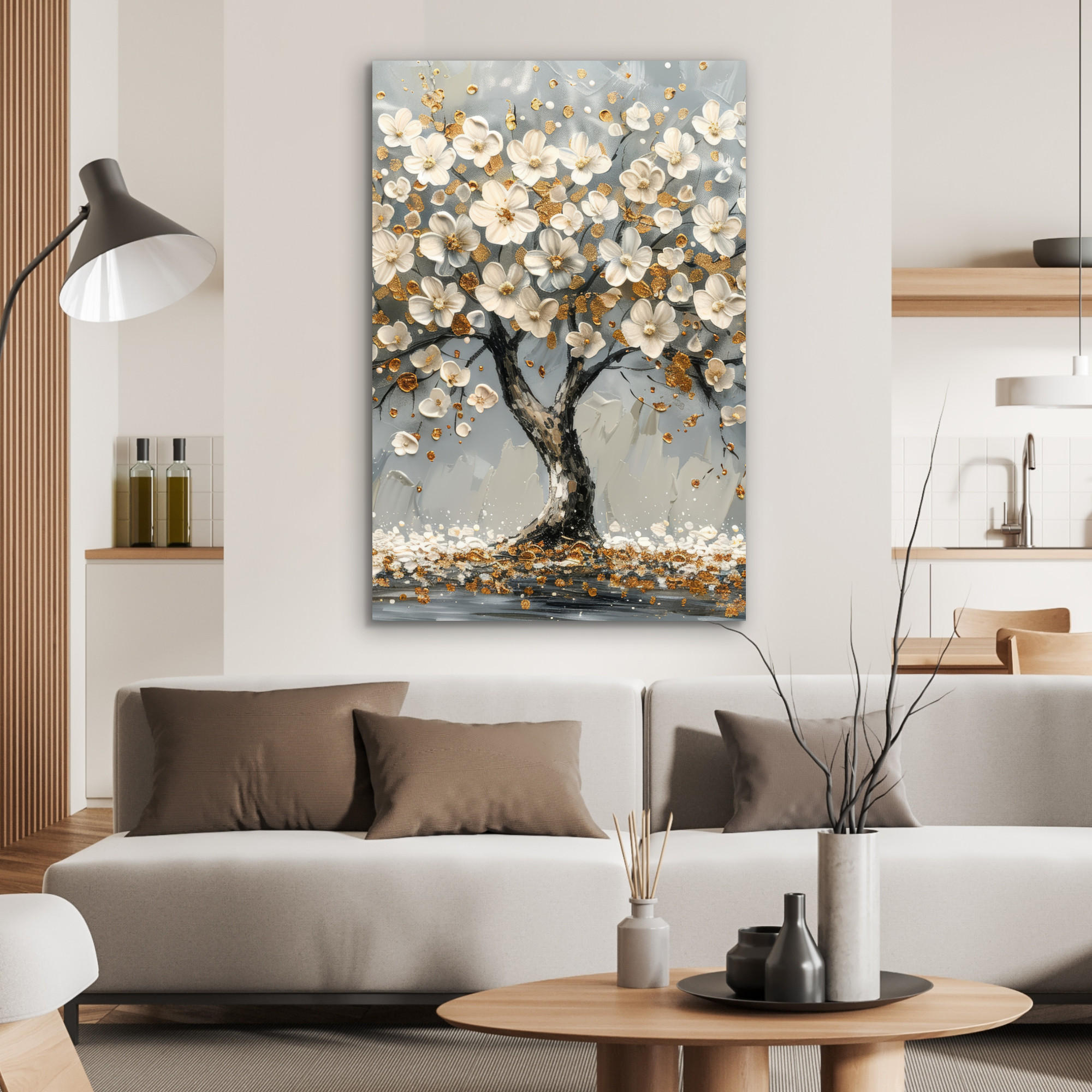 METALLBILD Baum - Blumen - Weiß - Natur - Kunst 60x90 cm - Weiß, Metall (60/90cm) - MuchoWow