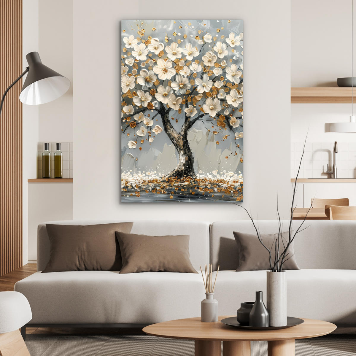 METALLBILD Baum - Blumen - Weiß - Natur - Kunst 60x90 cm - Weiß, Metall (60/90cm) - MuchoWow