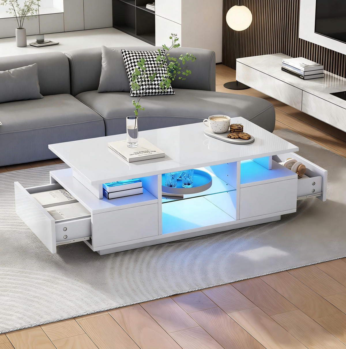 COUCHTISCH 100/50/36 cm mit 2 Schubladen, Glasablagen und LED-Beleuchtung in Hochglanz, Weiß - Weiß, Holzwerkstoff (100/50/36cm) - Redom
