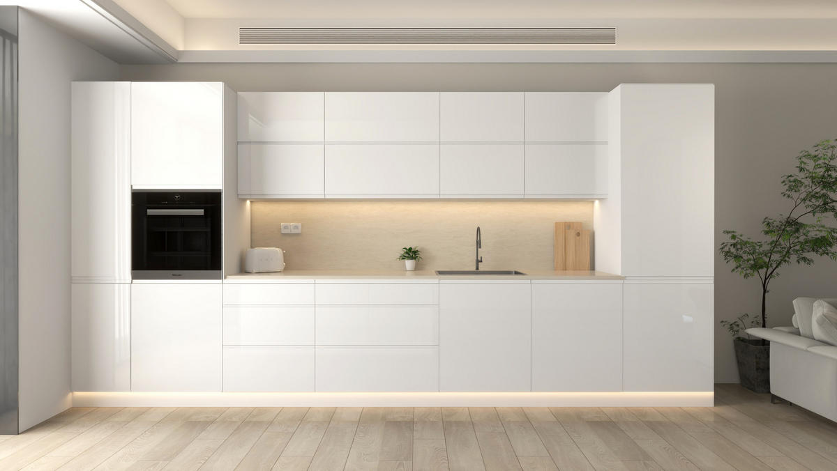 INSELKÜCHE Velmora Weiß Hochglanz – 420 cm + Insel 180 cm – KÜ-AS-018 – Weiß - Weiß, Holzwerkstoff (420/212/58cm) - ROYAL24_MARKT