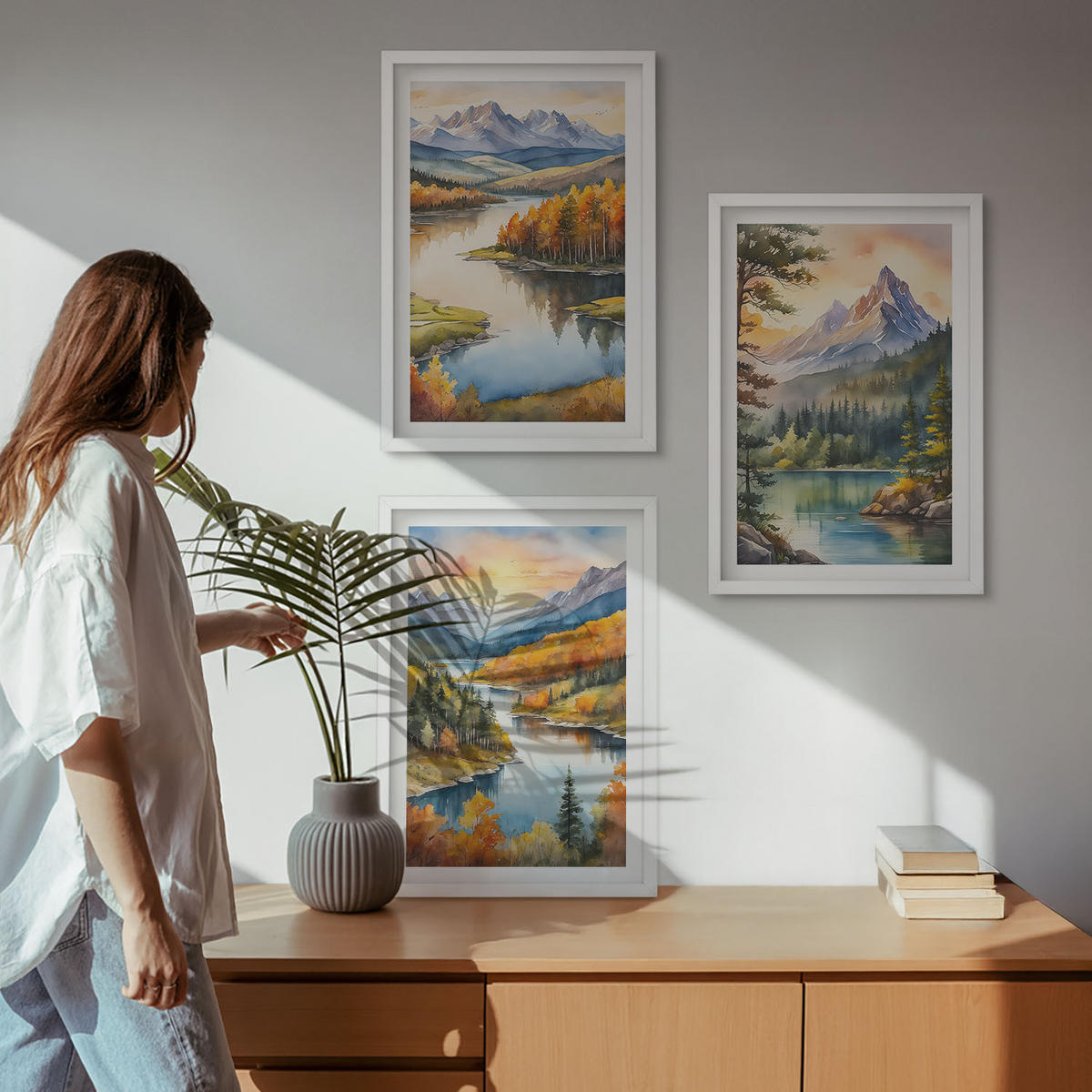 BILDER SET 3er Set - 40x60 cm Weißer Rahmen - Berglandschaften mit einem Fluss - Weiß, Kunststoff (40/60cm) - TULUP