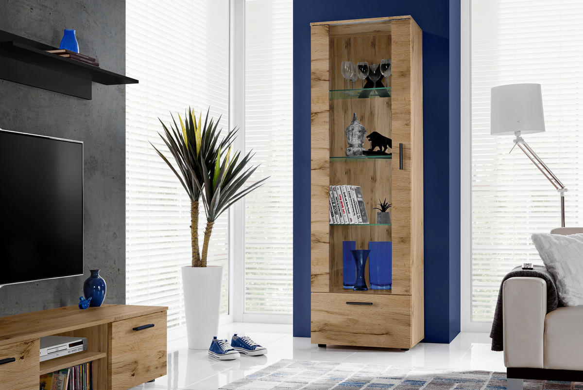 VITRINE ALESSANDRIA, Wotan - Eiche Wotan/Schwarz, Glas/Holzwerkstoff (60/192/42cm) - Komodee