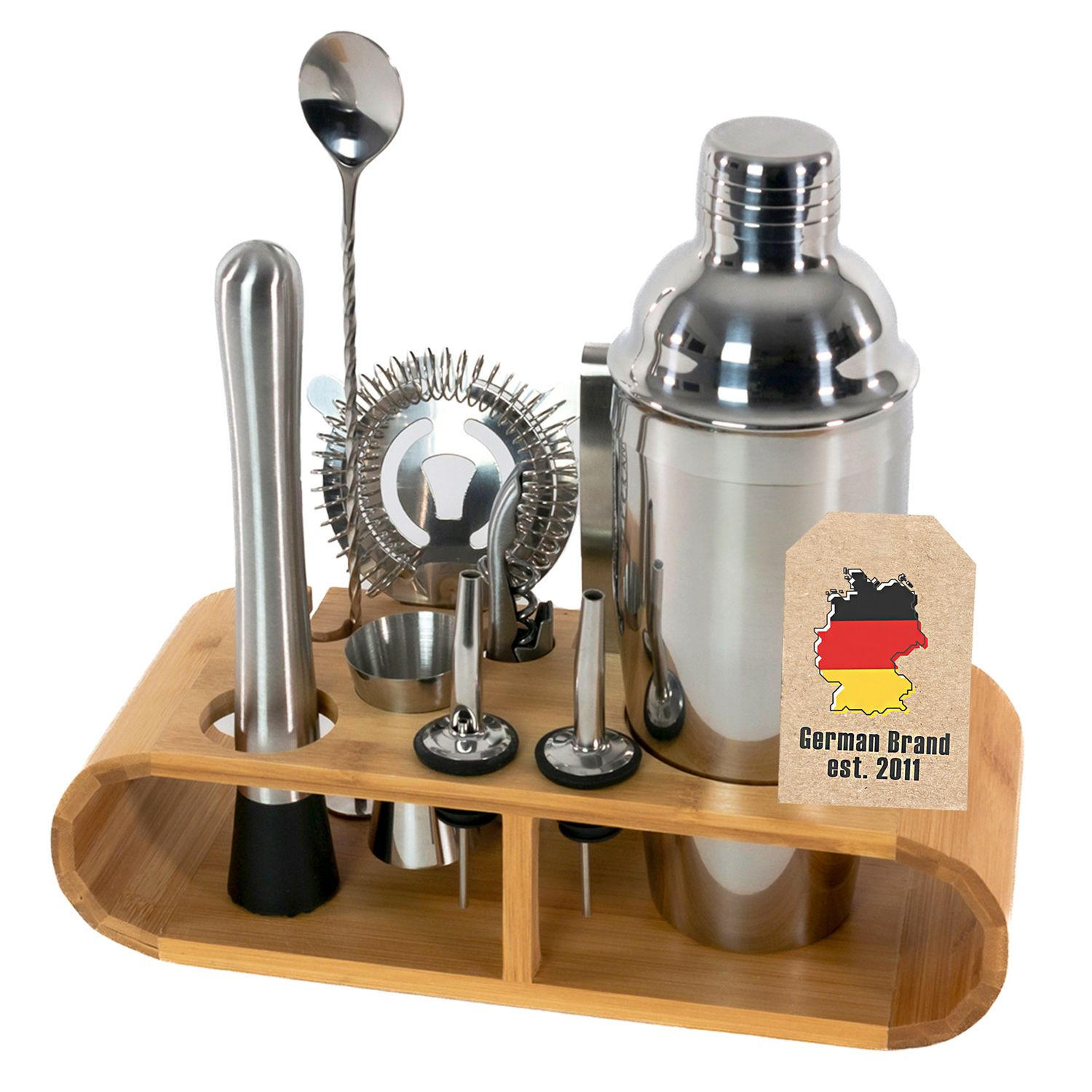 COCKTAIL-SHAKER Set mit Bambus-Ständer (12-tlg.) - Silberfarben, Metall (10.5/25.5/27.5cm) - Intirilife