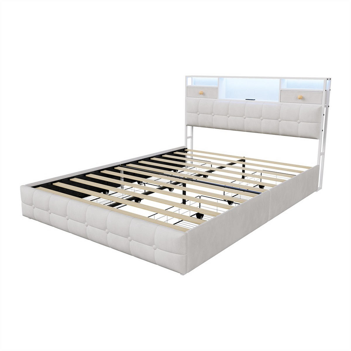 POLSTERBETT 160x200 cm mit LED-Beleuchtung - USB-Ladefunktion und 6 Schubladen - ohne Matratze - Beige - Beige, Textil (160/200cm) - DELFA