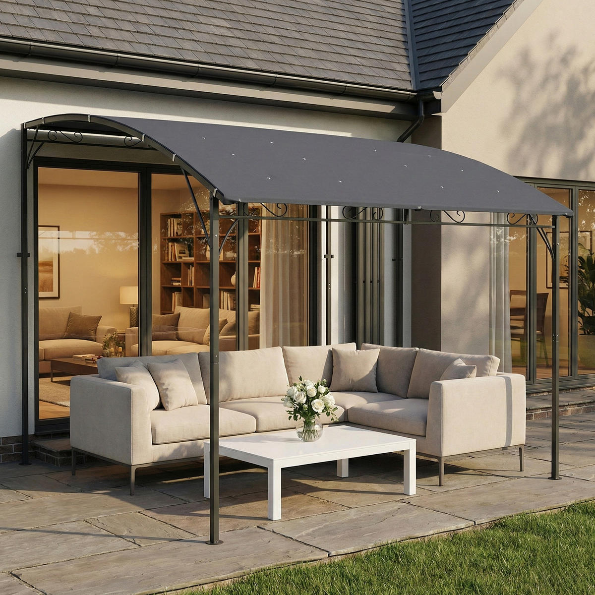 ANBAUPAVILLON Pergola mit Metallgestell Dach, wetterfest wandmontiert Pavillon Vordach 2,86 x 3,84 x 2,52 m Grau - Grau, Textil (384/252/286cm)