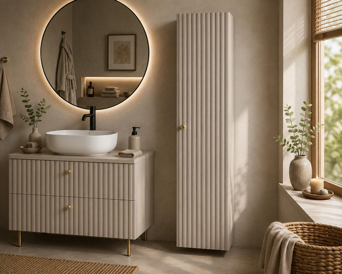 BADEZIMMER-HOCHSCHRANK: Kaschmir / Griffe Gold, 35 x 27 x 136 cm - Kaschmir/Goldfarben, Holzwerkstoff (35/136/27cm) - 3XE LIVING