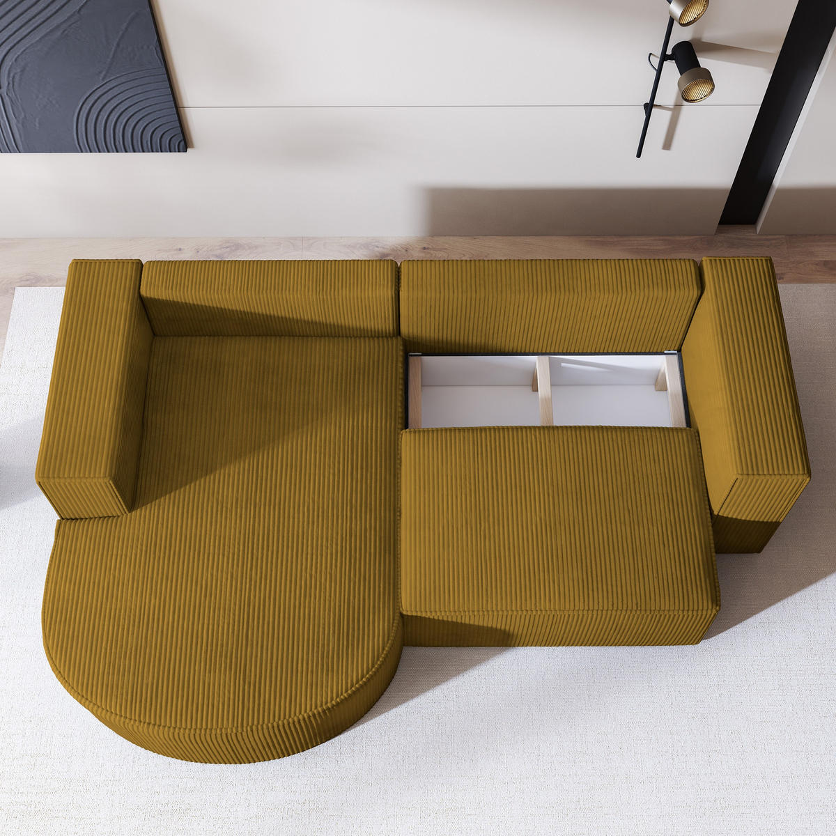 ECKSOFA SORELA P L-S Gelb Kordstoff mit Schlaffunktion - Gelb, Holz (263/174cm) - MASSENO