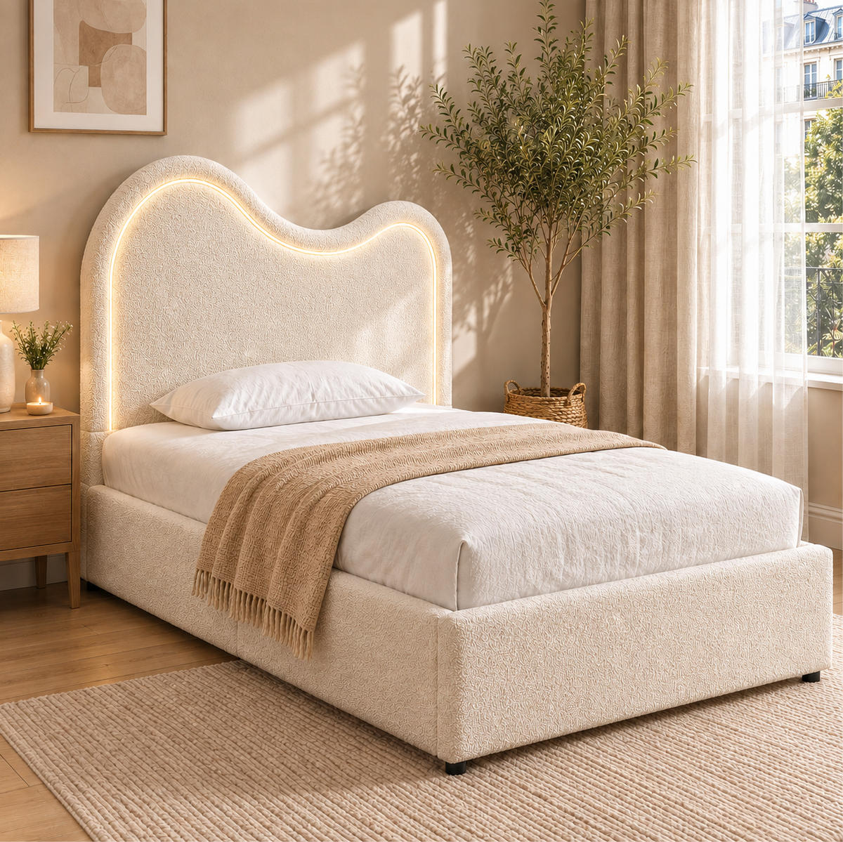 POLSTERBETT 90/200 cm in Weiß aus Bouclé mit Stauraum und LED-Beleuchtung - Weiß, Textil (90/200cm) - Flora Grace