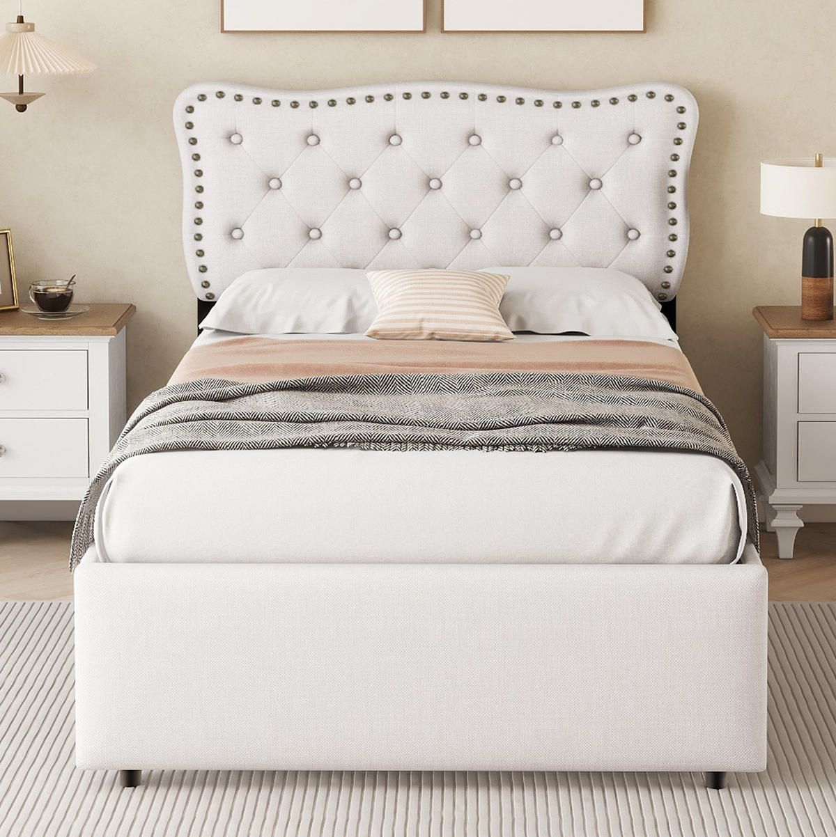 POLSTERBETT 90/200 cm hellbeige aus Leinen und MDF mit 2 Schubladen - Beige, Textil (90/200cm) - OKMYHOME