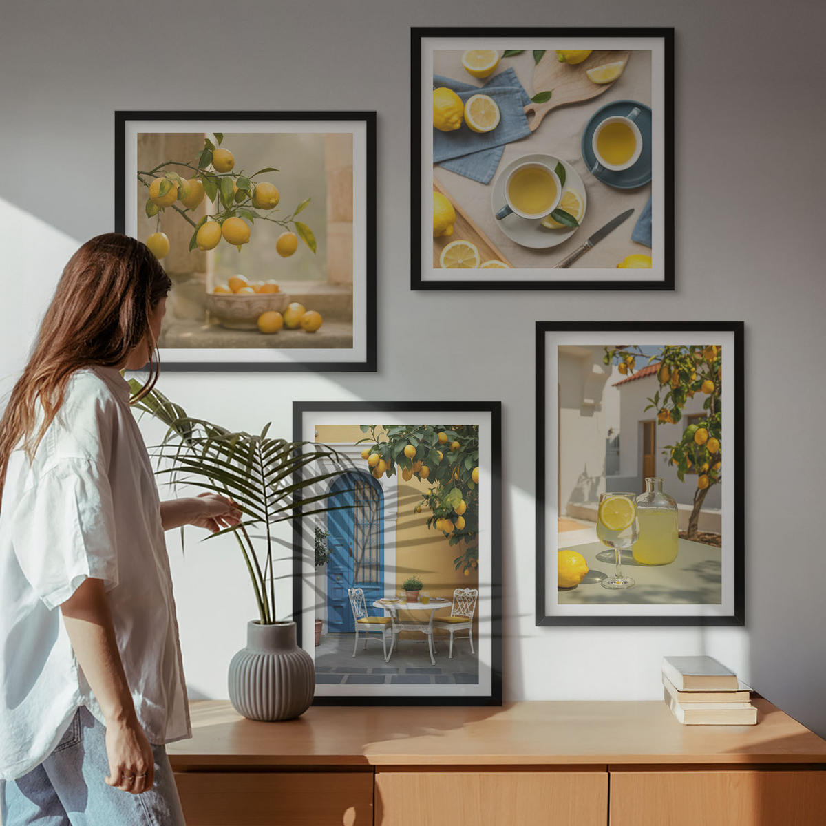BILDER SET 4er Set - 50x50 cm & 40x60 cm Schwarzer Rahmen - Zitronenlimonade blaue Tür - Schwarz, Kunststoff (50/50cm) - TULUP