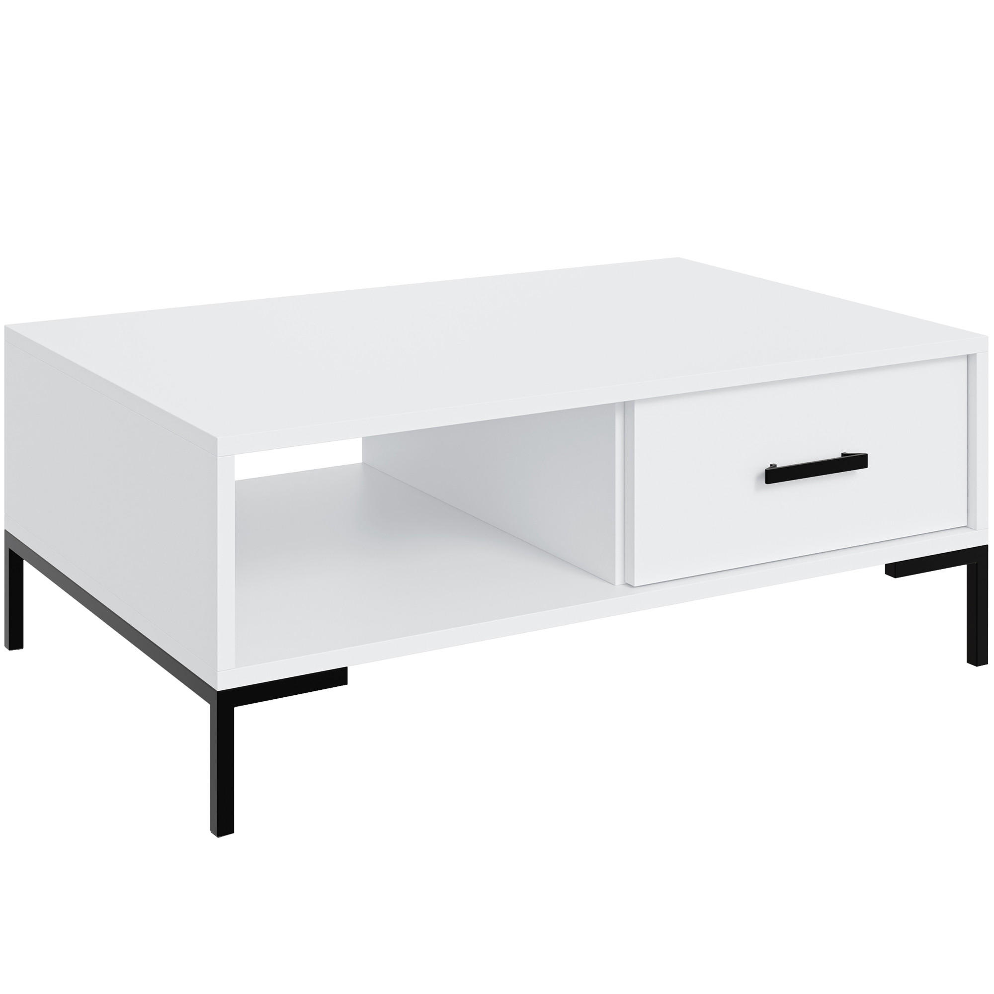 COUCHTISCH Selena mit Schublade und offenem Fach, Metallfüße, Selbstschließer, Weiß, 100x60 cm - Schwarz/Weiß, Holzwerkstoff/Metall (60/100/47cm) - Beautysofa