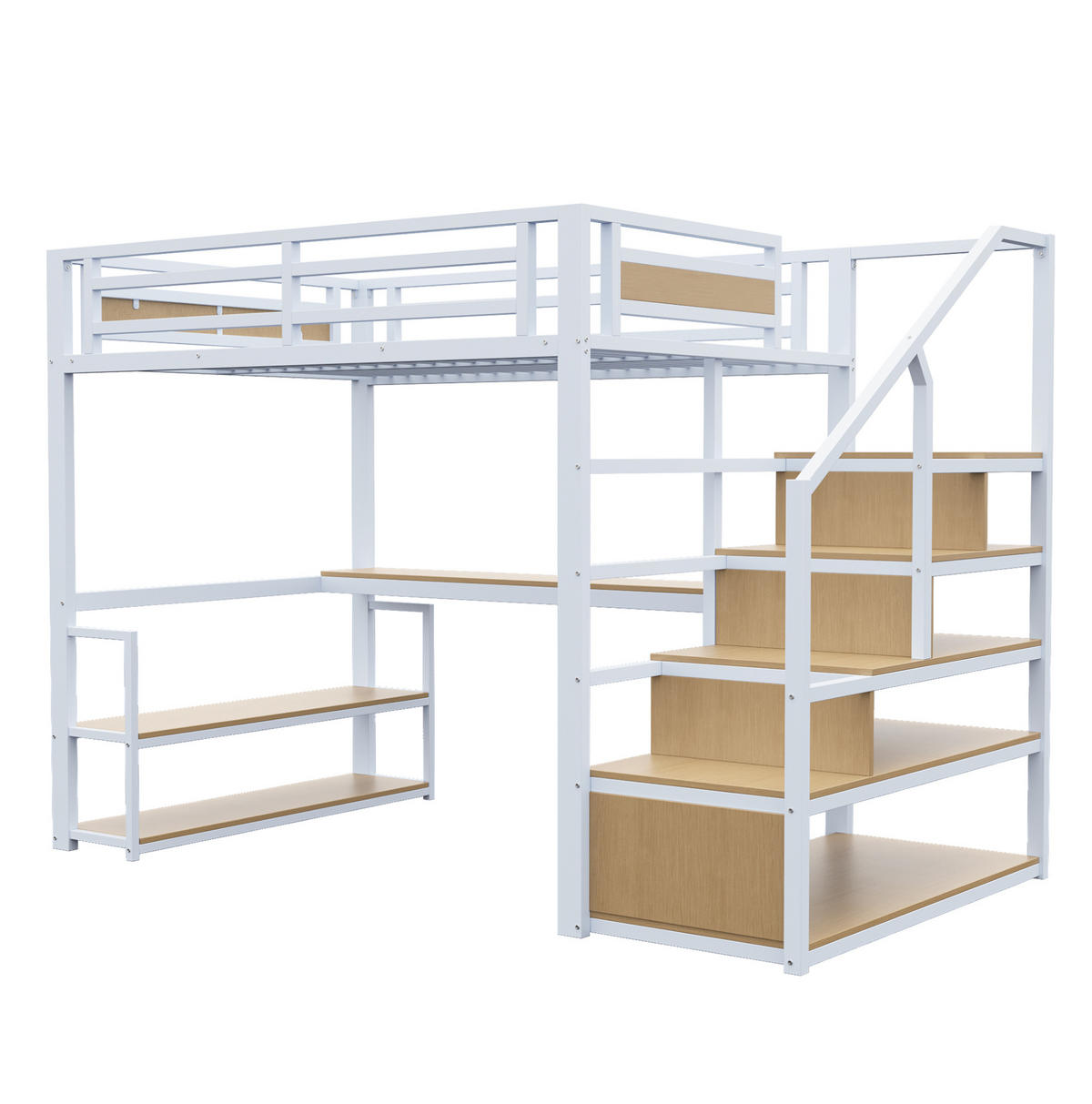HOCHBETT 140/200 cm mit Stauraumtreppe, Regalen und Schreibtisch, Metall, Weiß - Weiß, Metall (140/200cm) - Redom