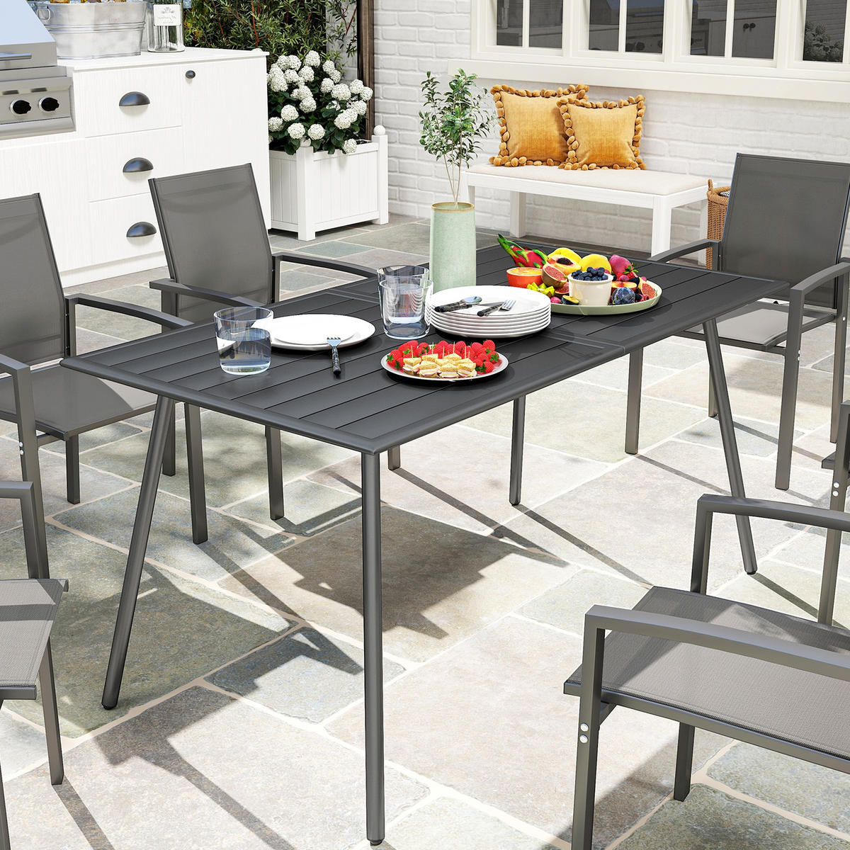 GARTENTISCH DE-14124 rechteckig 150x80 cm, mit Lattenrost Grau - Grau, Metall (150/80/74cm) - ComfortXL