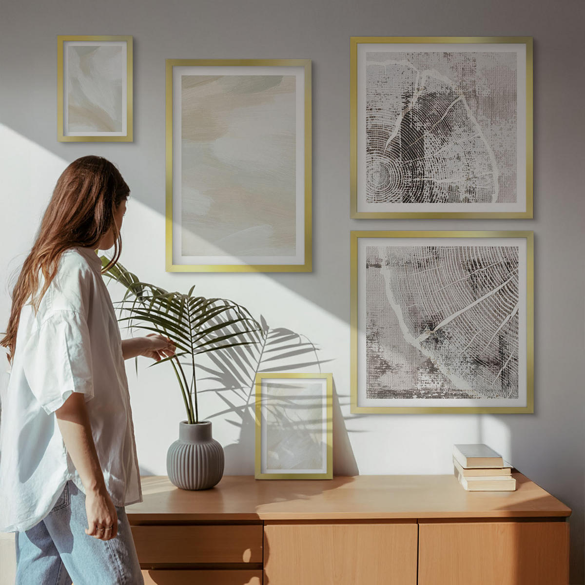 BILDER SET 5er Set - 50x50 cm & 20x30 cm & 40x60 cm Goldrahmen - Minimalismus der Farbstruktur - Goldfarben, Kunststoff (40/60cm) - TULUP