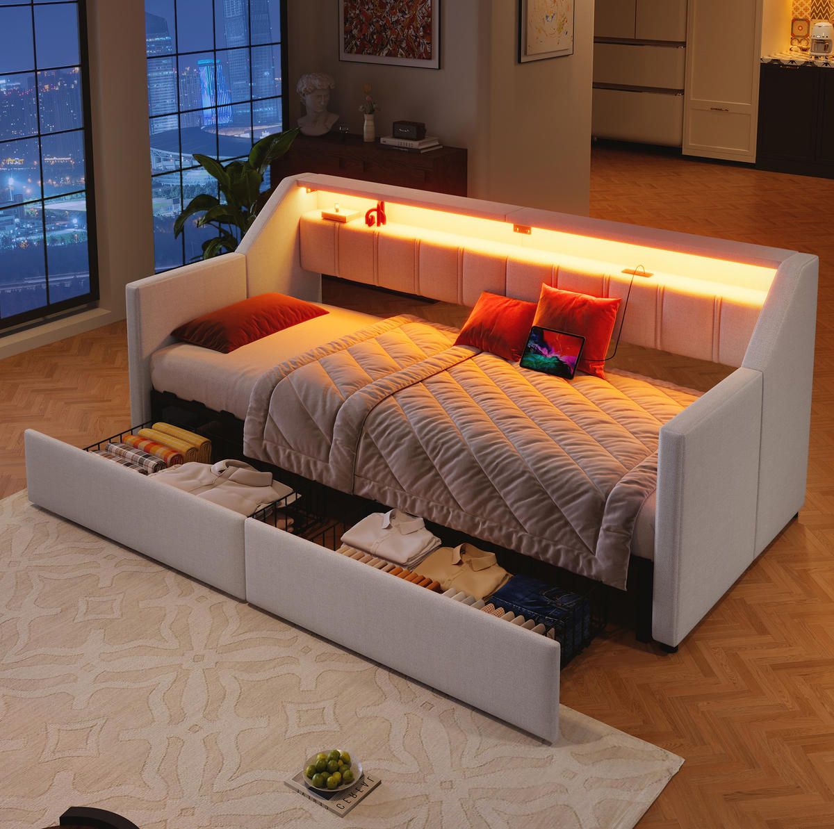 BETT aus Leinen 90x200 cm Beige mit USB, Typ-C, LED-Leiste und Ausziehfunktion - Beige, Textil (90/200cm) - Modfu
