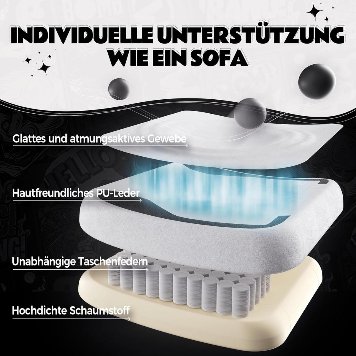 GAMING-STUHL Ergonomischer & Fußstütze Bürostuhl & Lendenwirbelstütze - Weiß, Leder (52/126/49cm)