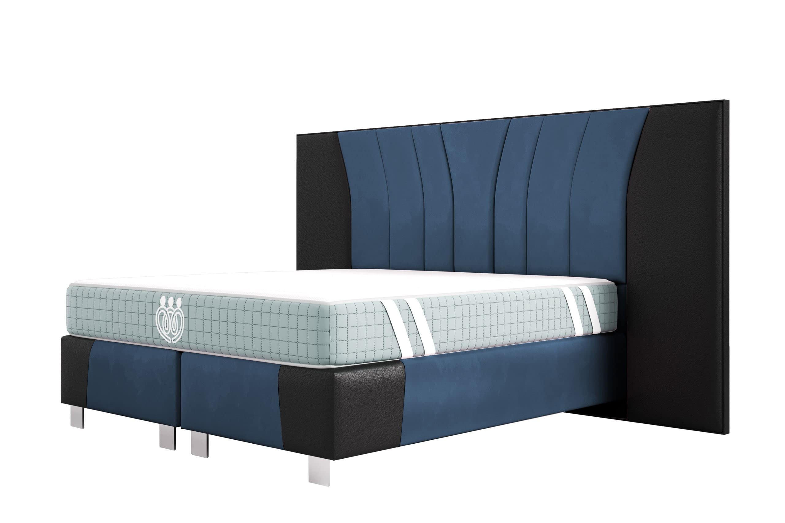 BOXSPRINGBETT IMPERIAL 200x200 cm, Aus Leder und Velvet Bezug, Schwarz Leder + Meerblau Velvet - Dunkelblau, Leder/Holz (200/200cm) - Trada