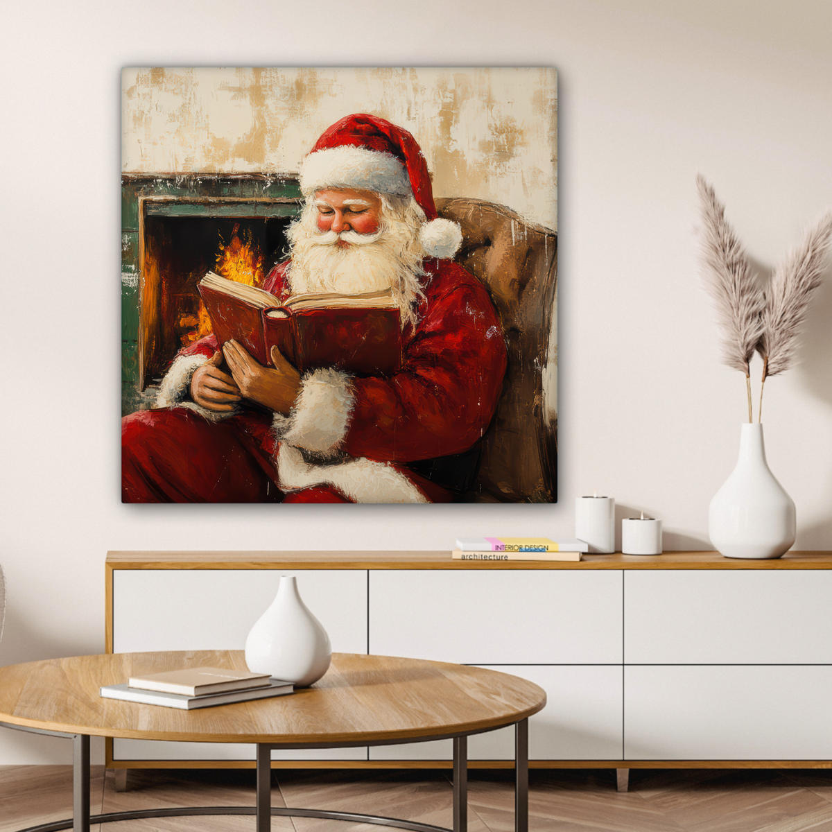 LEINWANDBILD Weihnachten - Weihnachtsmann - Winter - Open Fireside 90x90 cm - Dunkelrot, Textil (90/90cm) - MuchoWow