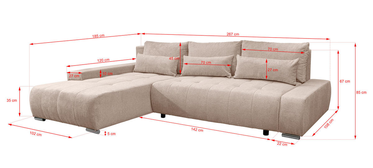 ECKSOFA Bloom mit Bettkasten und Schlaffunktion L-Form - Beige, Textil (267/185cm)
