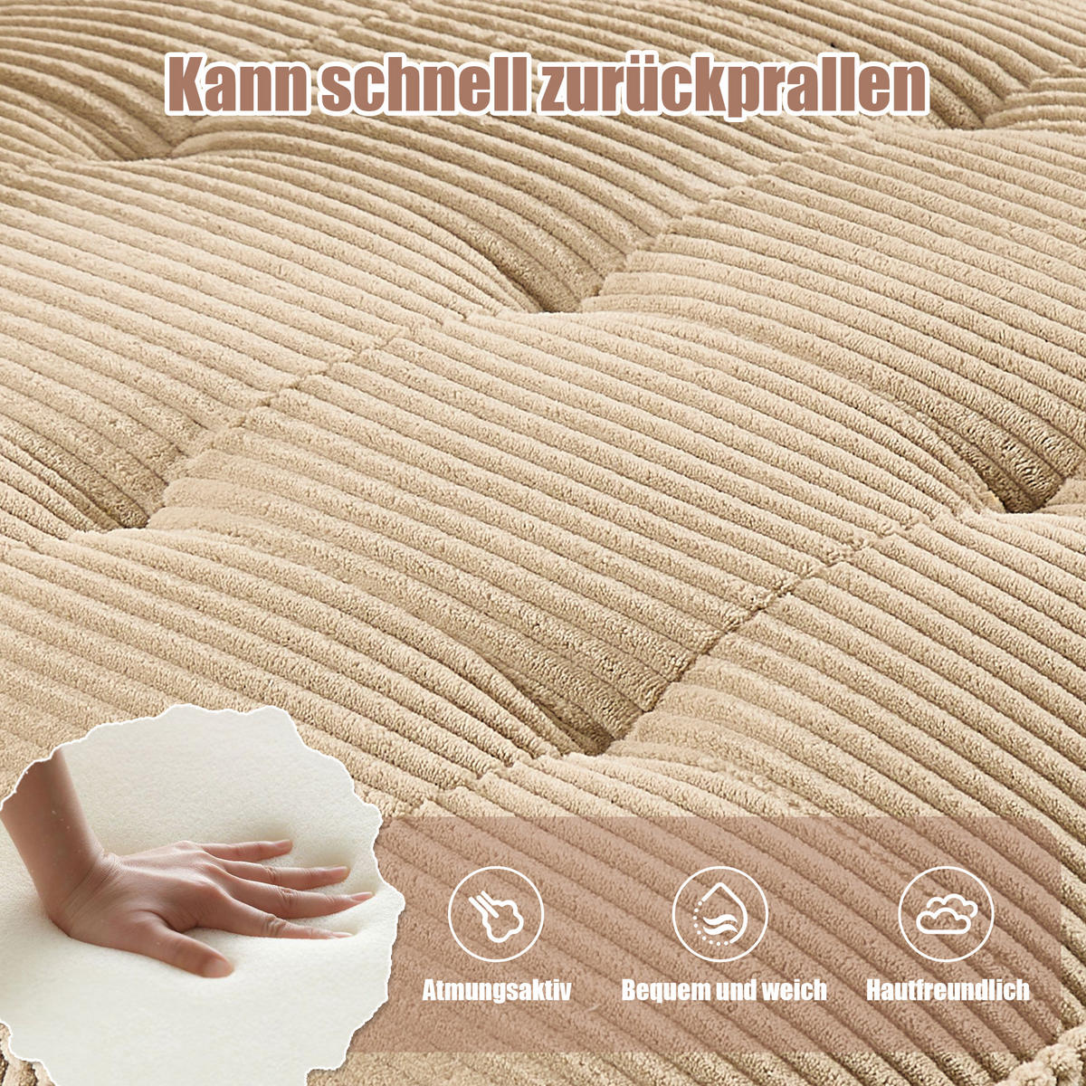 MODULARES 6-Sitzer Sofa Cord mit Seitentaschen und Schlaffunktion 308/154/82 cm Sandfarben - Sandfarben, Kunststoff/Textil (154/82/308cm) - Redom