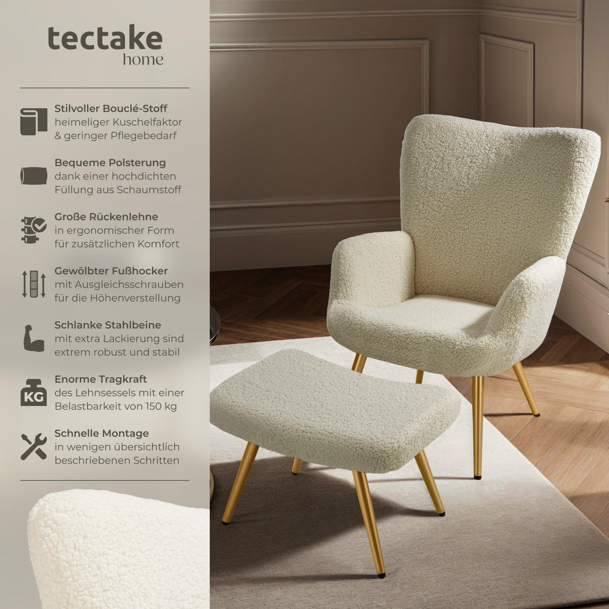 SESSEL Hygge,72 x 76 x 100,5 cm,Bouclé creme/gold - Goldfarben/Creme, Kunststoff (72/100.5/76cm) - tectake