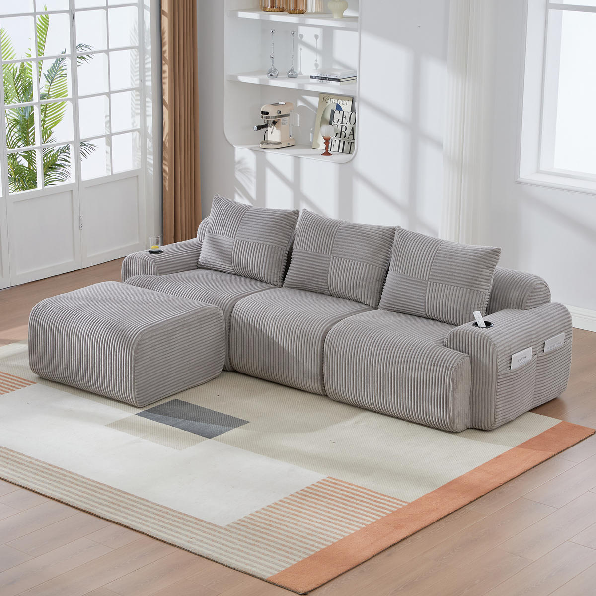 ECKSOFA aus Cord 268x174x80 cm in Hellgrau mit Cupholder & Seitentasche - Hellgrau, Textil (174/268cm) - Modfu