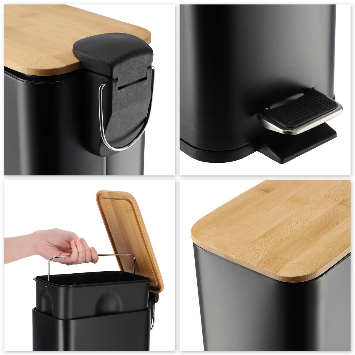 ABFALLBEHÄLTER mit Bambusabdeckung, 5L, schwarz - Schwarz, Metall (14/28cm) - KADAX