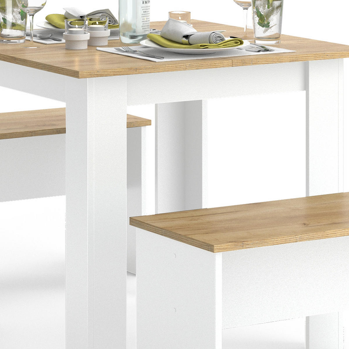 ESSTISCH SET Sentio Weiß/Goldkraft Eiche 80 x 80 cm mit 2 Bänken - Honigeiche/Weiß, Holzwerkstoff (80/73/80cm) - Vicco