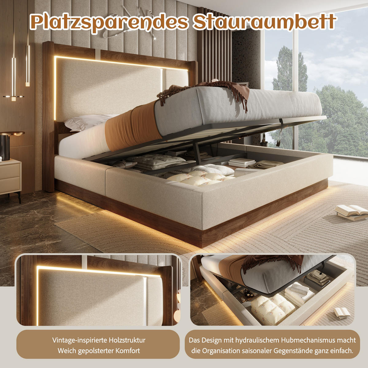 POLSTERBETT 140/200 cm in Beige mit LED und Bettkasten - Beige, Holzwerkstoff/Textil (140/200cm) - WISHDOR