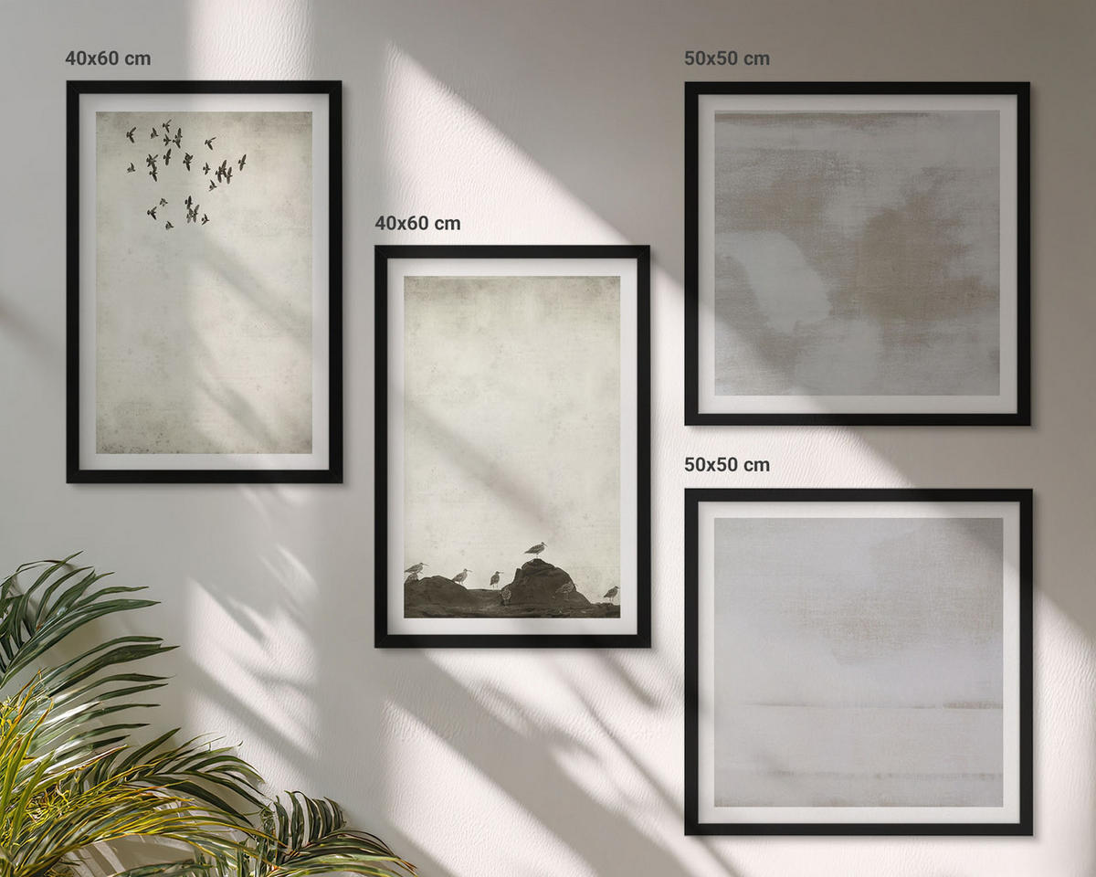BILDER SET 4er Set - 50x50 cm & 40x60 cm Schwarzer Rahmen - Textur eines Vogelschwarms - Schwarz, Kunststoff (50/50cm) - TULUP