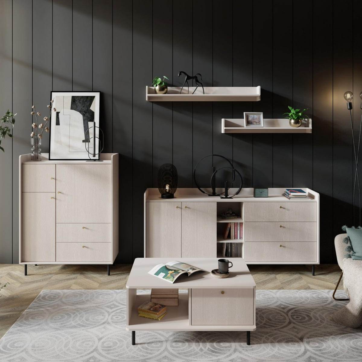 BÜCHERREGAL Gloria mit 2 Schubalden und 1 Tür - Beige/Schwarz, Holzwerkstoff/Metall (103/42/42cm) - Beautysofa