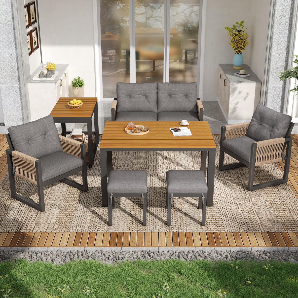 OUTDOOR SOFA SET Metall Armlehnen Kissen - Grau, Metall - LEBENLANG