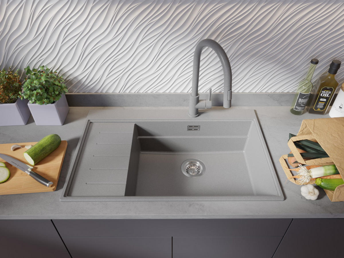 SPÜLBECKEN Sydney, 2-er set Grau 78/50 cm 1 Becken + Ablauf-Set + Küchenzubehörset ab 60er Unterschrank - Chromfarben/Beige, Kunststoff (78/20/50cm) - Primagran