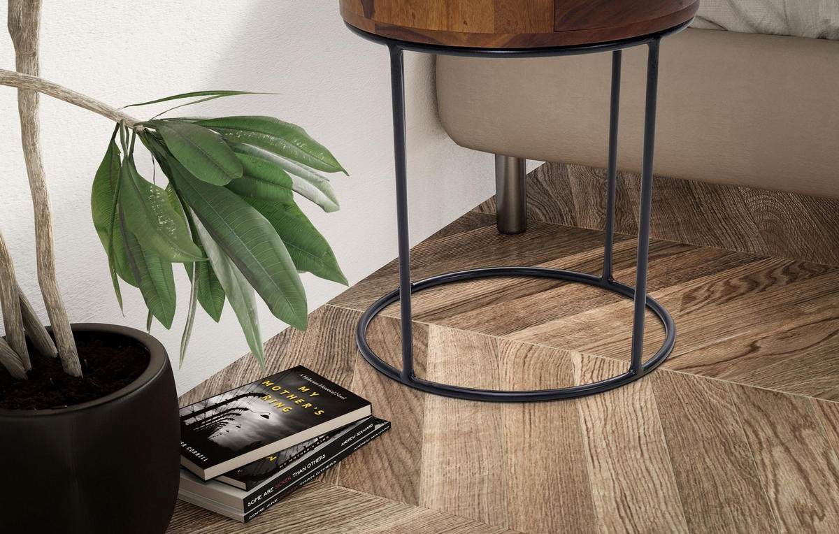 NACHTTISCH Mango Massivholz Metall Rund Schublade Stauraum, Dunkelbraun 40x40x60 cm - Sheeshamfarben/Schwarz, Holz/Metall (40/60/40cm) - KADIMA DESIGN