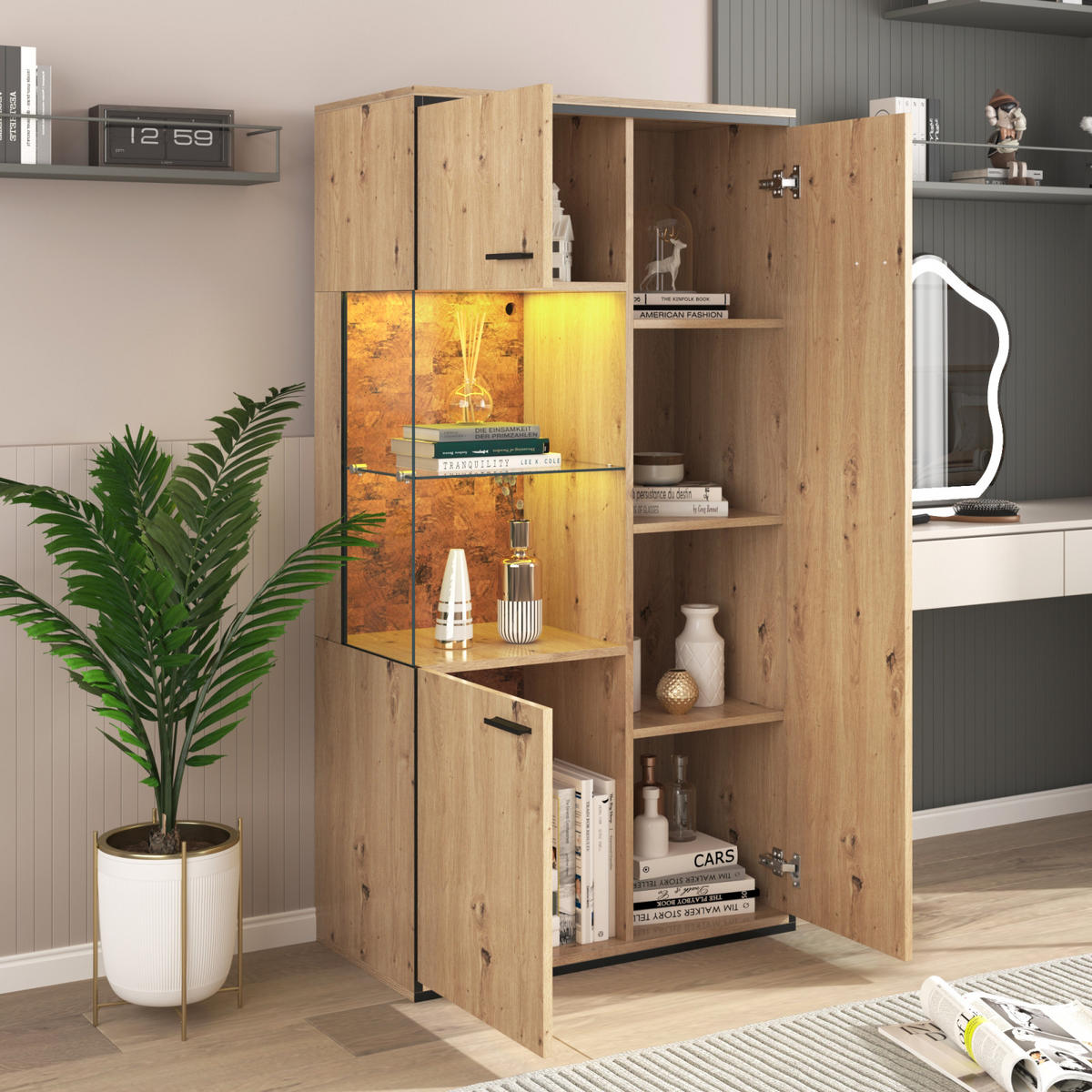SIDEBOARD 78x40x150 cm, LED, Glastür, Glasregal, Naturfarben - Kastanienfarben, Holz (78/150/40cm)