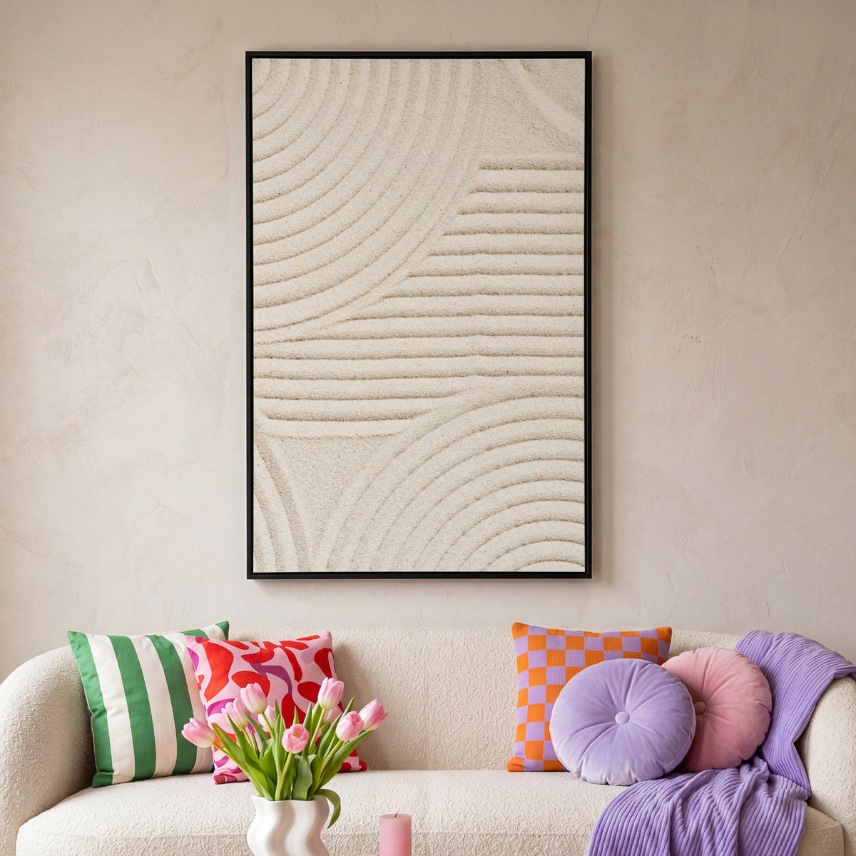 LEINWAND Bilder mit Rahmen - Muster - Abstrakt - Weiß - 80x120 - Beige, Textil (80/120cm) - MuchoWow