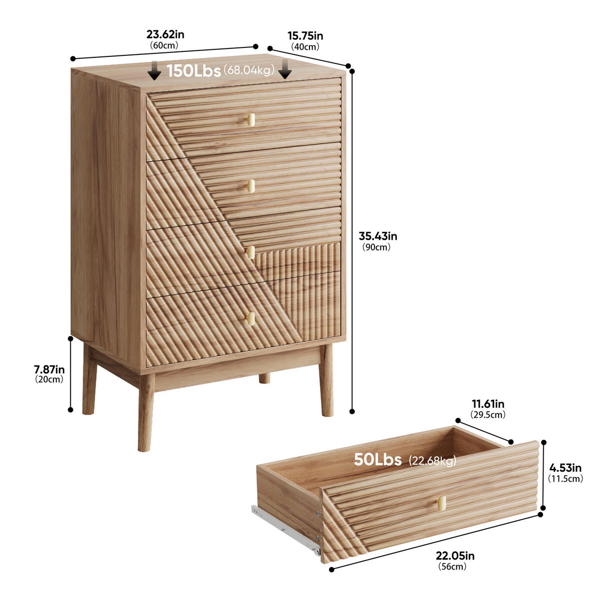KOMMODE aus MDF und Holzspanplatte 60x40x90 cm eichefarben mit 4 Schubladen und Beinen - Nussbaumfarben, Holzwerkstoff (60/90/40cm) - Modfu