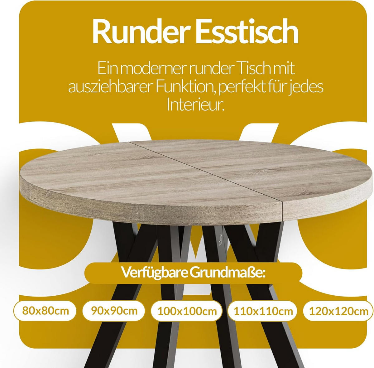 RUNDER Esstisch ausziehbar – Moderner Wohnzimmertisch und Küchentisch – Tisch mit Stabile Konstruktion, Durchmesser 80 cm - 130 cm - Farbe At - Schwarz/Grau, Holzwerkstoff (80/80/77cm) - Alpi-Möbel
