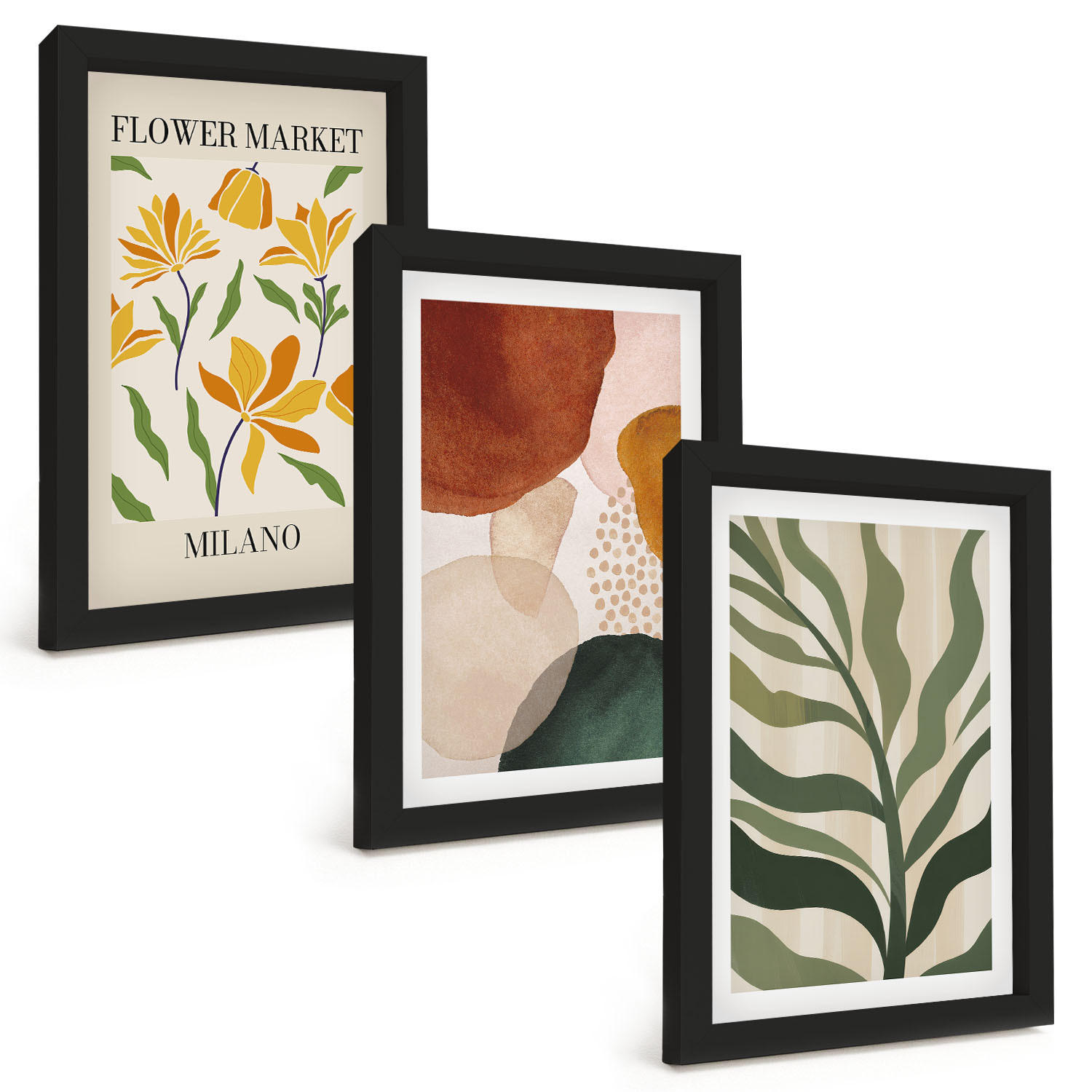 BILDER SET 3er Set - 20x30 cm Schwarzer Rahmen - Florale abstrakte Formen - Schwarz, Kunststoff (20/30cm) - TULUP