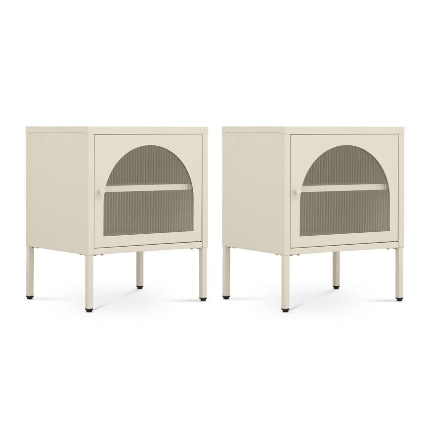 NACHTTISCHE 2er-Set Industrial-Design aus Metall mit 1 Tür aus geriffeltem Glas, Beige - ELIN - Beige, Metall (50/60/40cm) - Sicaan