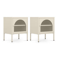 NACHTTISCHE 2er-Set Industrial-Design aus Metall mit 1 Tür aus geriffeltem Glas, Beige - ELIN - Beige, Metall (50/60/40cm) - Sicaan