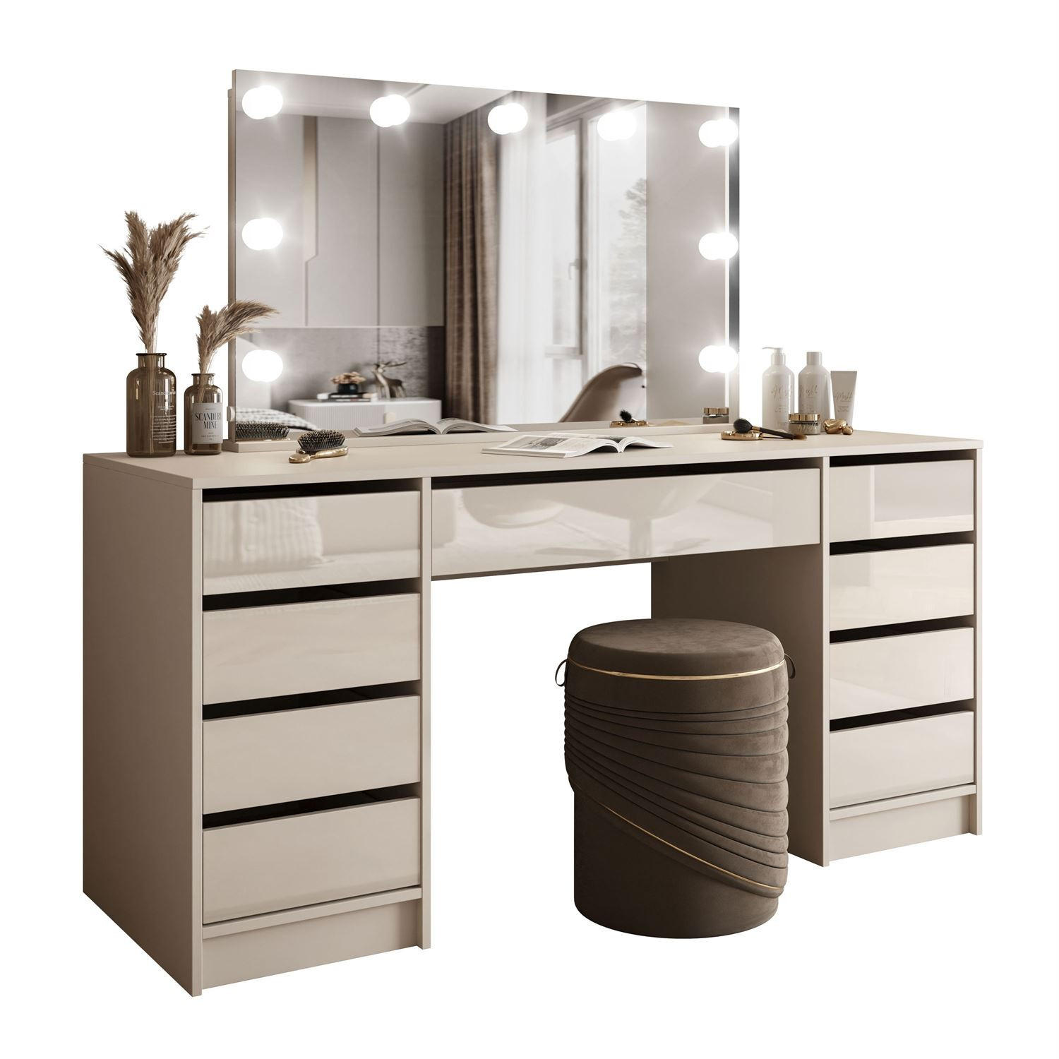 SCHMINKTISCH MADA DOUBLE ELITE mit Spiegel und Beleuchtung, Kaschmir Hochglanz - Kaschmir, Holzwerkstoff (157/75/55cm) - Lookway