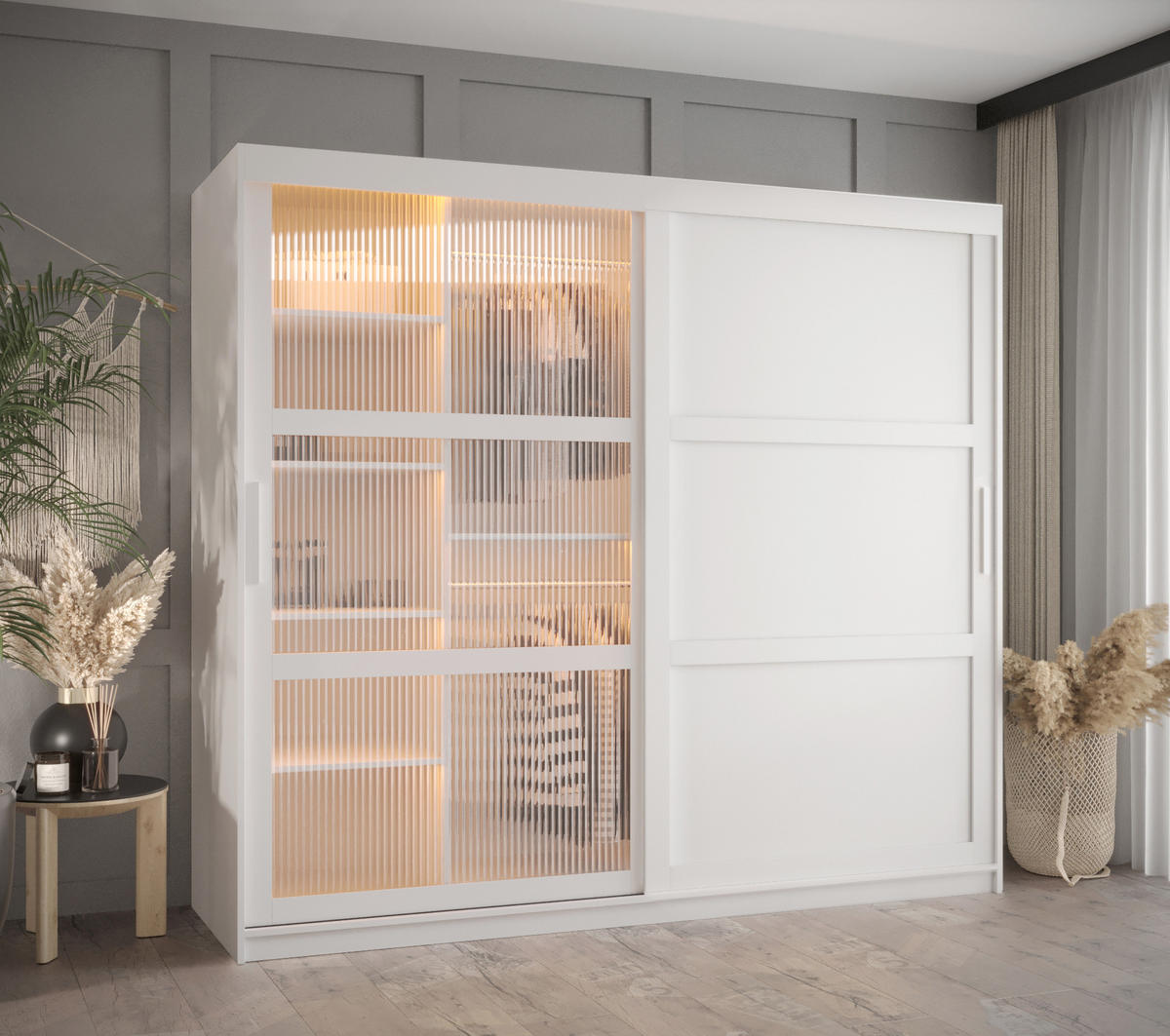 SCHWEBETÜRENSCHRANK 200/200/62 2-türig - Silberfarben/Weiß, Holz/Kunststoff (200/200/62cm) - Abiks Möbel