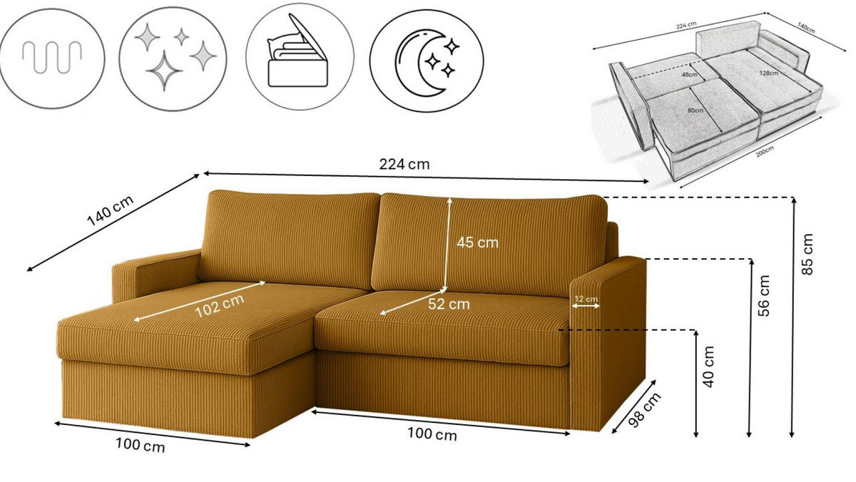 ECKSOFA Mit Schlaffunktion Und Bettzeugablage LUBEKA Stoff Poso Senffarbe Links - Gelb, Holz/Textil (140/147cm) - Kaiser Möbel