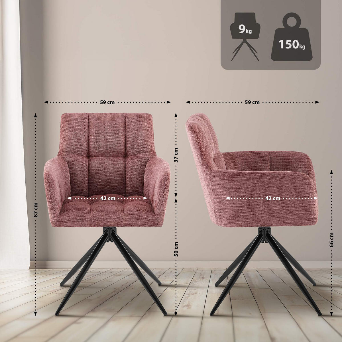 ARMLEHNENSTUHL 2er Set Stoff Rubinrot - Rot/Schwarz, Textil/Metall (59/87/59cm) - CLP