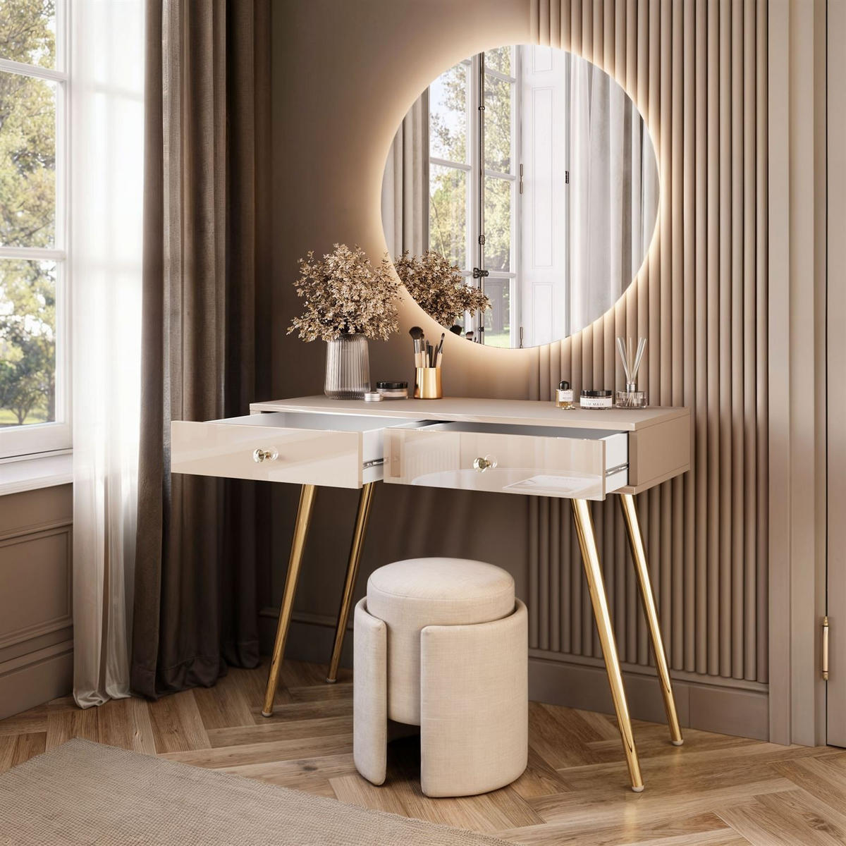 SCHMINKTISCH SIENNA GLAMOUR KASCHMIR mit LED-Spiegel - Kaschmir/Goldfarben, Holzwerkstoff (100/81/42cm)