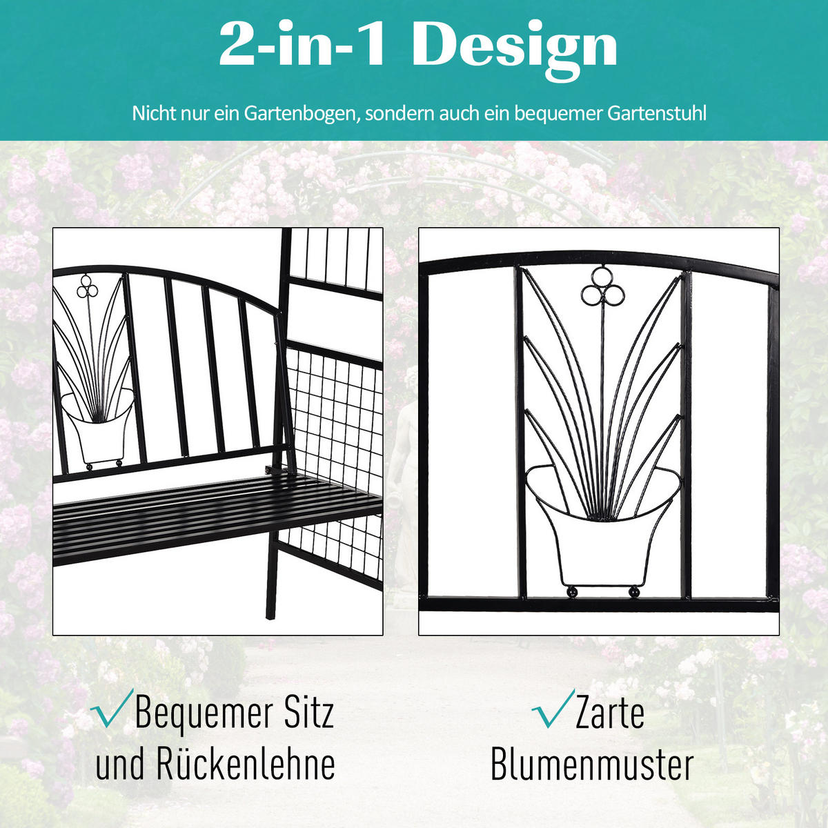 SITZBANK, Bogendach, 154 x 60 x 205 cm, Metall, Schwarz - Schwarz, Metall (60/205/154cm) - Outsunny